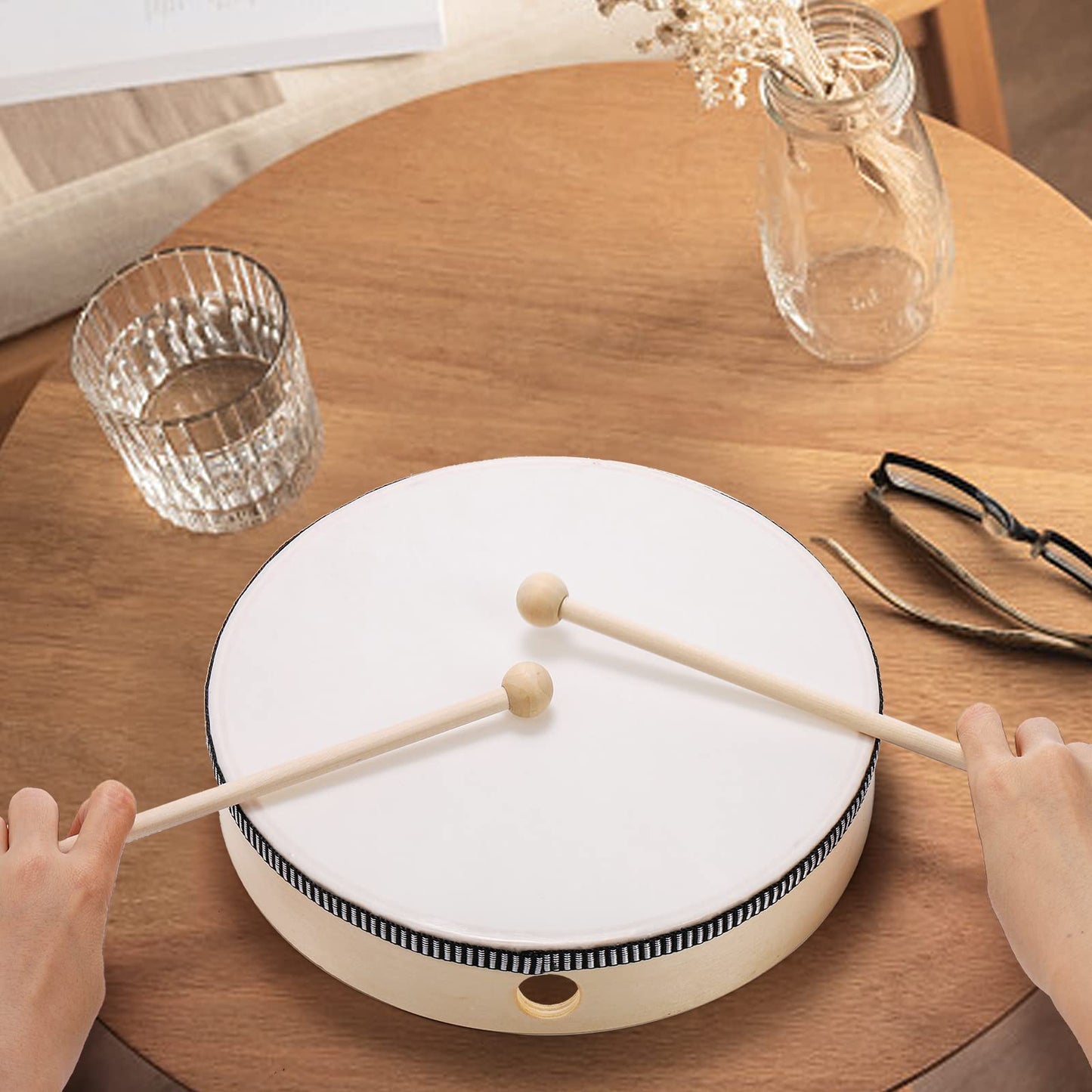 Foraineam 4 Pack Hand Drum 12 Inch 10 Inch 8 Inch 6 Inch Wood Drum Set Musical Percussion Instrument Wooden Frame Drum with Wooden Drum Sticks for Home Party Supplies