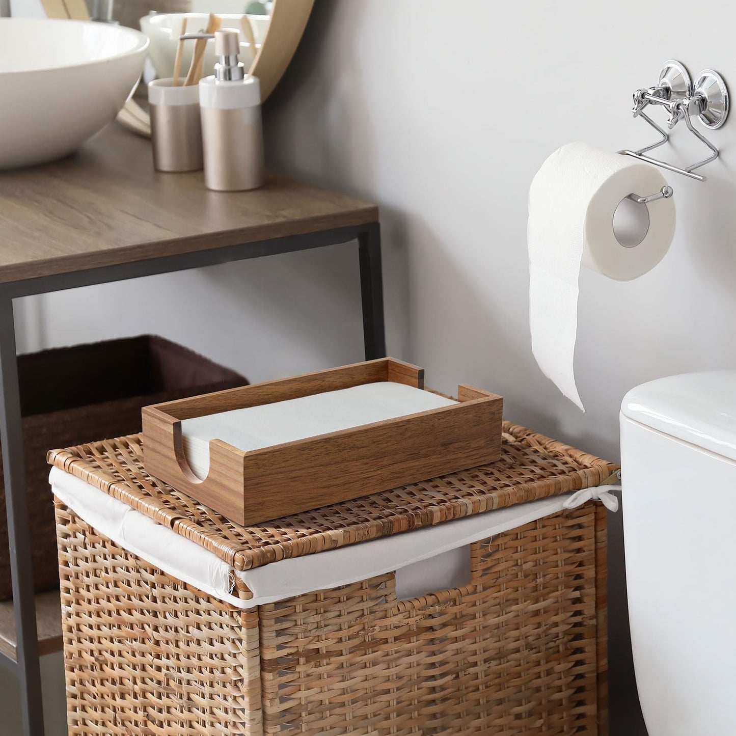 Napkin Holder for Bathroom, Acacia Wooden Guest Towel Holder Tray for Bathroom Bundle Bivvclaz Pencil Pen Holder for Desk, Acacia Wood Office Desk Organizers and Accessories