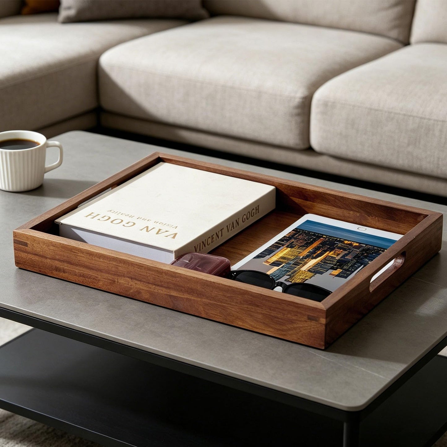 Acacia Wood Serving Trays Set of 2, 17x13 & 16x12 inch Rectangular Ottoman Trays, Decorative Wooden Trays with Handles for Food, Coffee, Tea, Living Room, Kitchen(2 Pack, Brown, 17"+16")