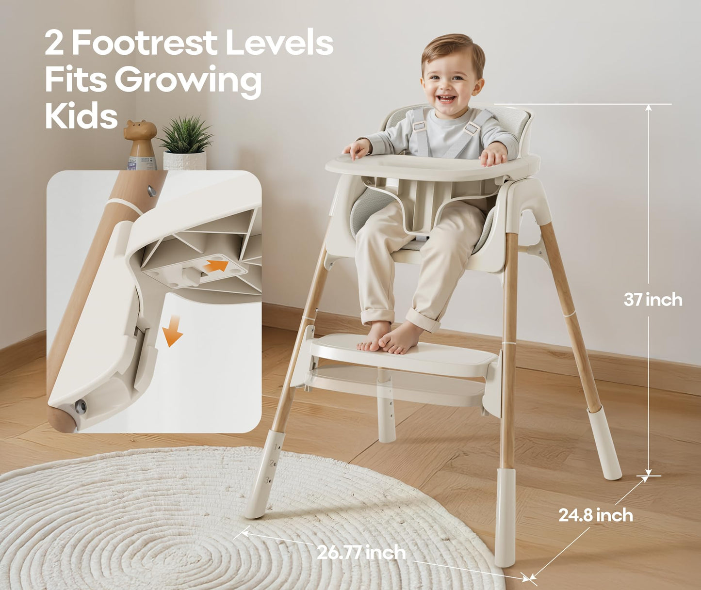 Mloong High Chair for Babies and Toddlers - Adjustable 4-in-1 Baby High Chairs with Dishwasher Tray, Easy Clean Highchair, Beige