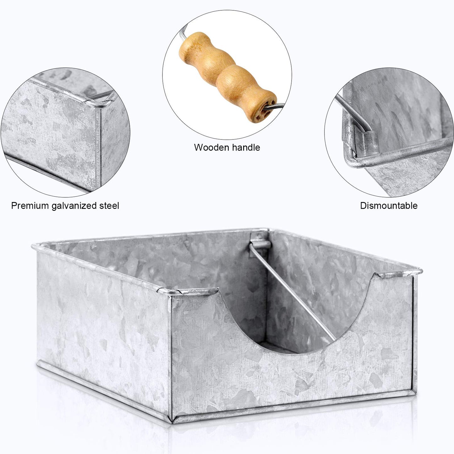 2 Pieces Farmhouse Napkin Holder with Wooden Handles Galvanized Silver Metal Napkin Holder Rustic Flat Square Design for Kitchen Tables Restaurants Indoor or Outdoor Dining