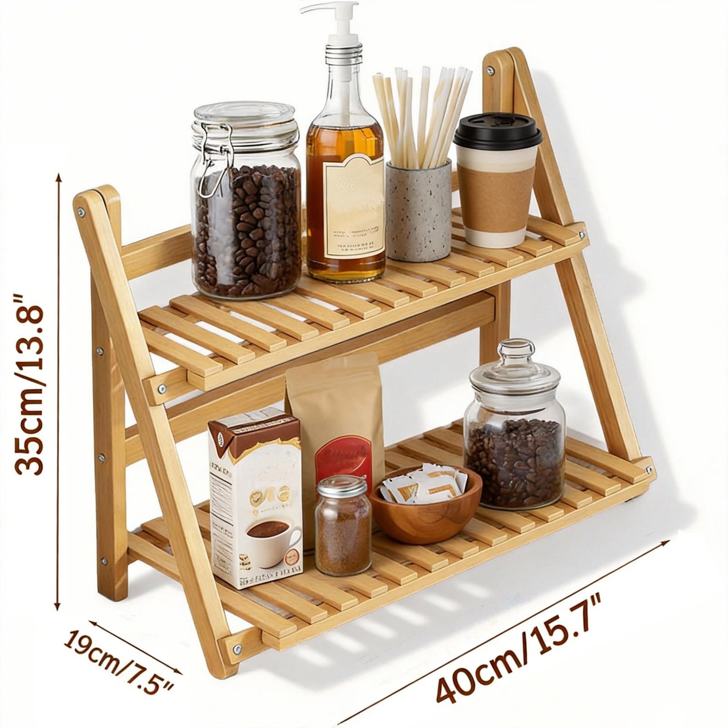 Winmist Glimpse Wooden Matcha Station Shelf, 2 Tier Natural Finish Bamboo Countertop Organizer, 15.7x13.8x7.5 Inch Coffee Bar Display Stand for Mugs, Condiments, Tea & Kitchen Accessories