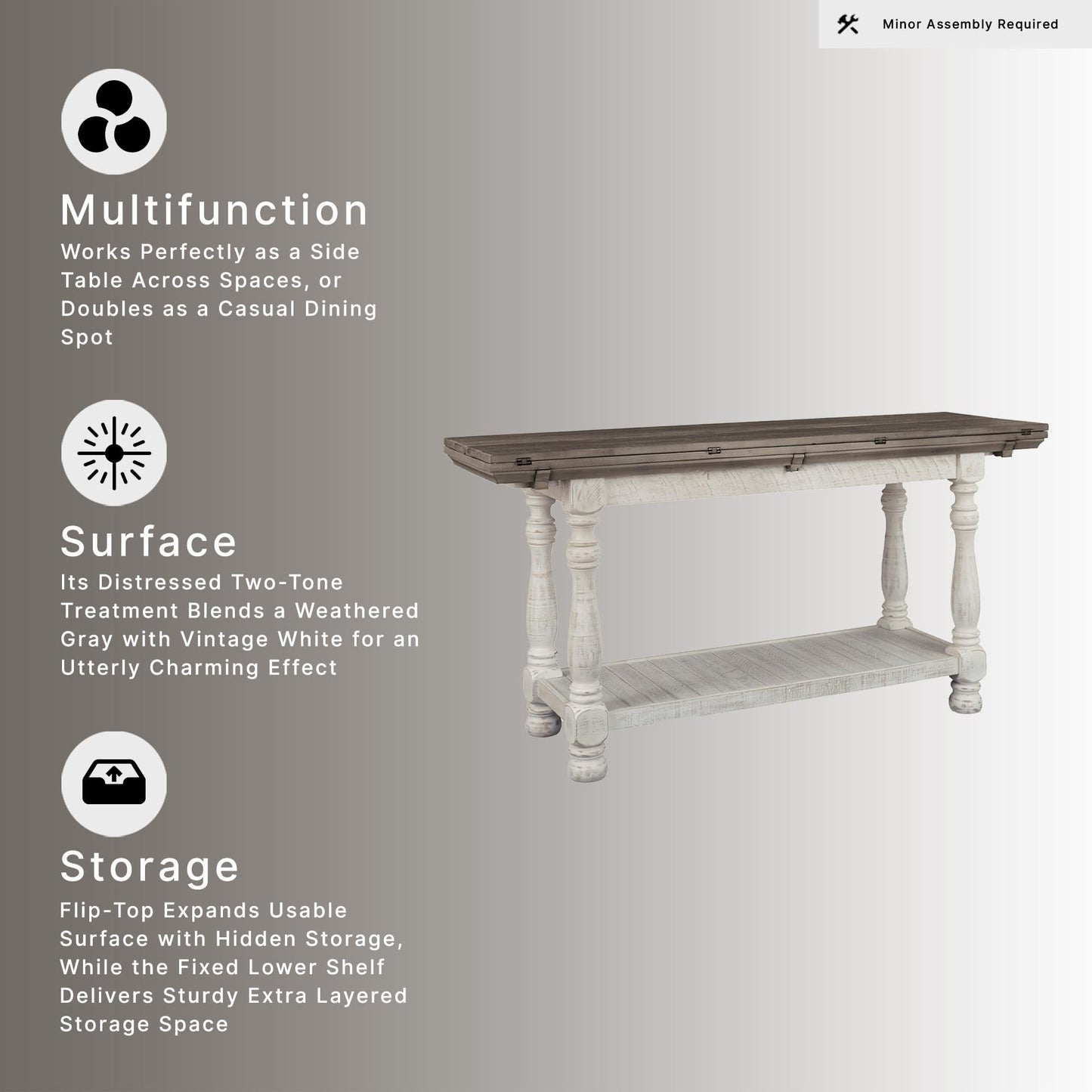 Signature Design by Ashley Havalance Farmhouse Sofa Table, Flip Top Design for Additional Dining Space and Fixed Lower Shelf, Gray & White with Weathered Finish
