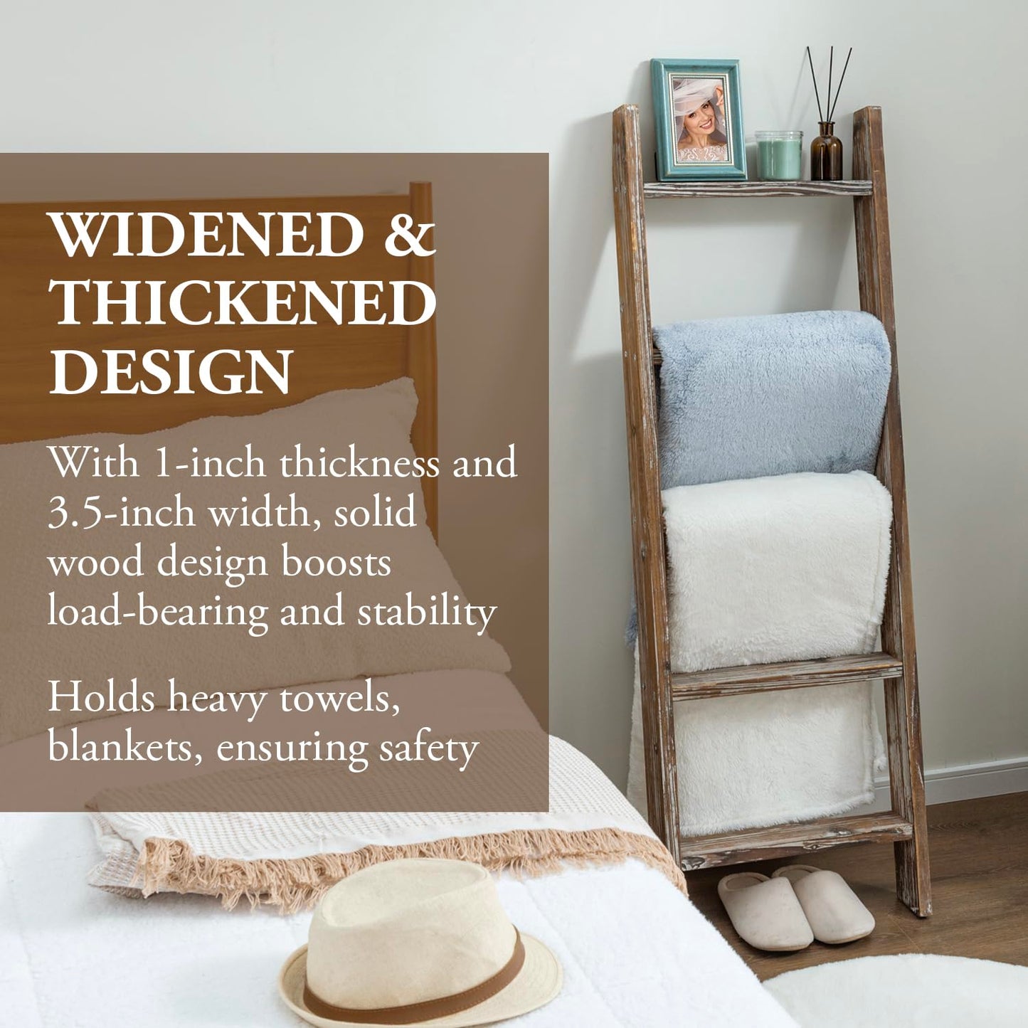MyGift Decorative Ladder Shelf, 4.5 Foot Wall Leaning Wooden Towel Blanket Ladder Storage Rack for Bathroom or Living Room, Torched Brown Wood