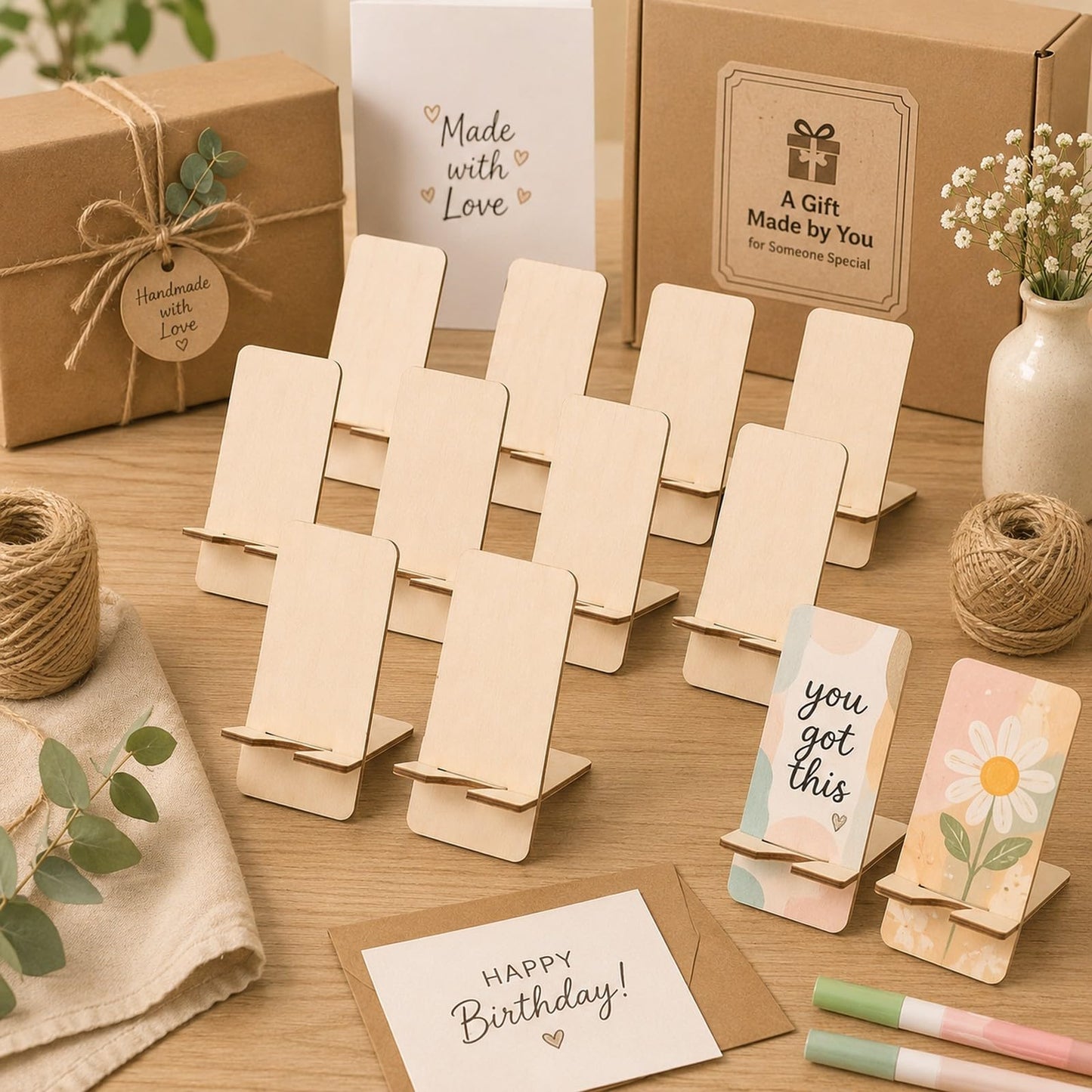 LOGOFUN 10pcs DIY Unfinished Wooden Phone Stand Blank Wood Phone Holder Creative Present for Birthday Friendship Craft
