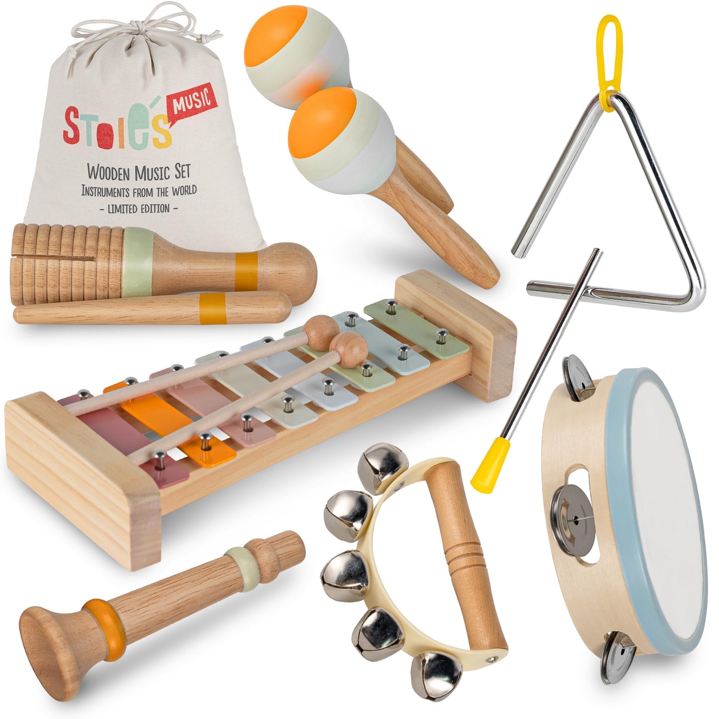 Stoie's Wooden Toddler Musical Instruments with Xylophone, Maracas, Triangle, Tamburine for Babies and Kids, Eco Friendly Montessori Educational Toy