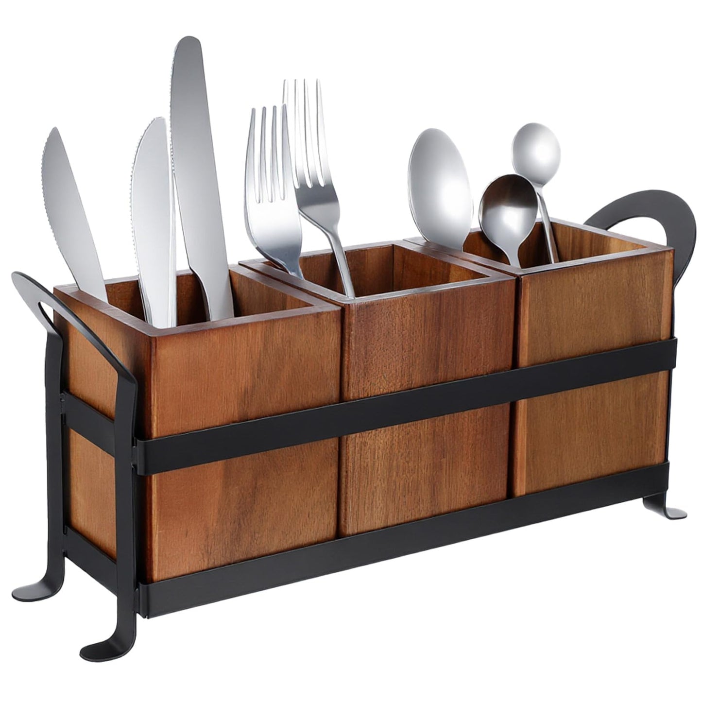 Lemecima Wooden Utensil Holder for Party, Silverware Caddy with 3 Compartments, Detachable & Portable Handle, Stylish Cutlery Holder for Countertop and Outdoor Use