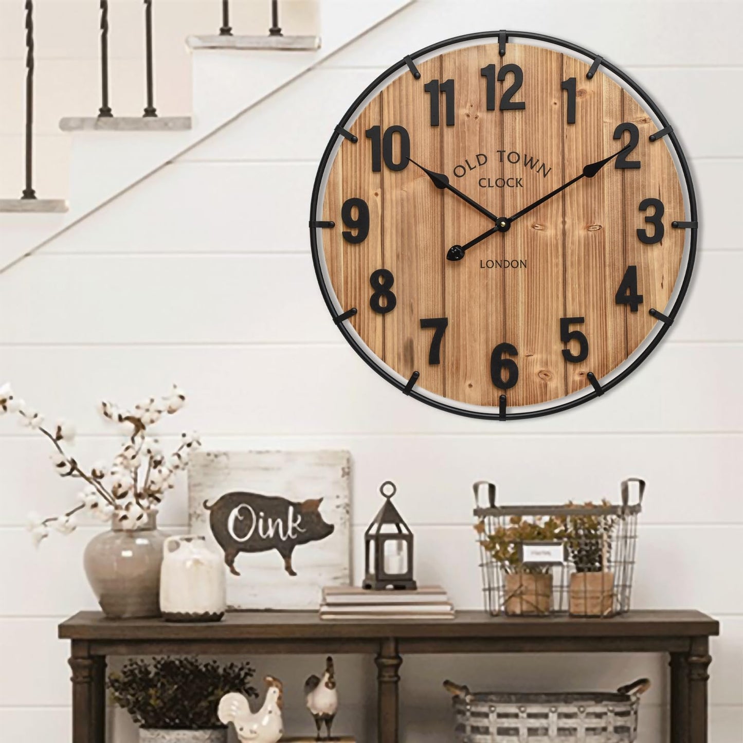 EMAX HOME Large Old Town Farmhouse Wall Clock 24 Inch Rustic Antique Wood with Metal Circle and Large Numerals Silent Battery Operated Wall Clock for Office Kitchen Bedroom Living Room