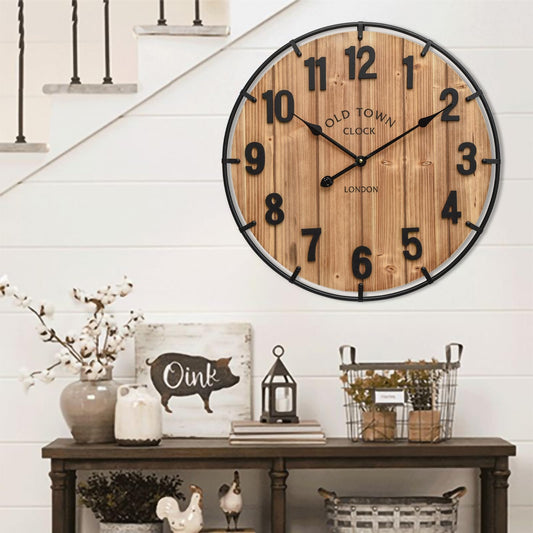 EMAX HOME Large Old Town Farmhouse Wall Clock 24 Inch Rustic Antique Wood with Metal Circle and Large Numerals Silent Battery Operated Wall Clock for Office Kitchen Bedroom Living Room