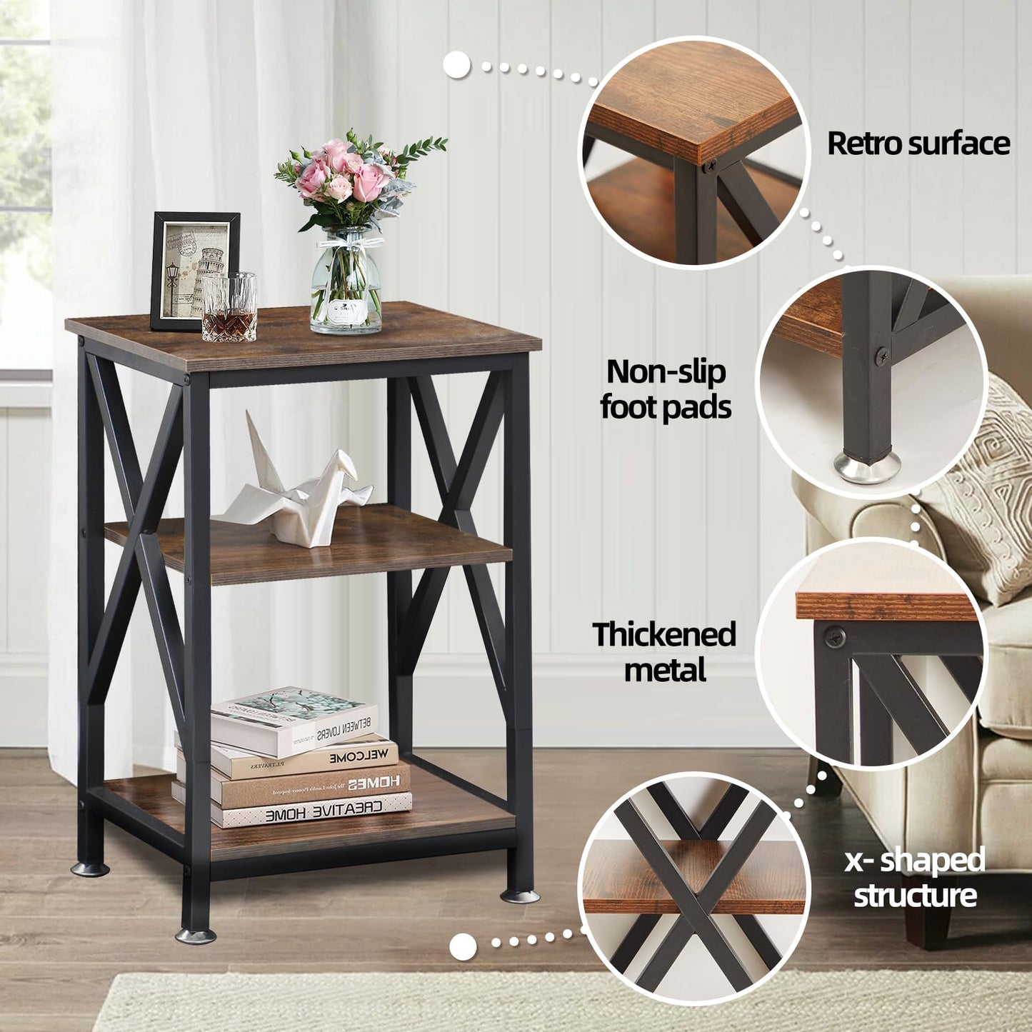 End Tables with Storage Shelf, 12" Deep x 16" Wide x 24" High, Small Side Table 3-Tier, End Tables Living Room Farmhouse, X-Shaped Night Stands for Bedrooms Bedside Tables, End Table Wood and Metal