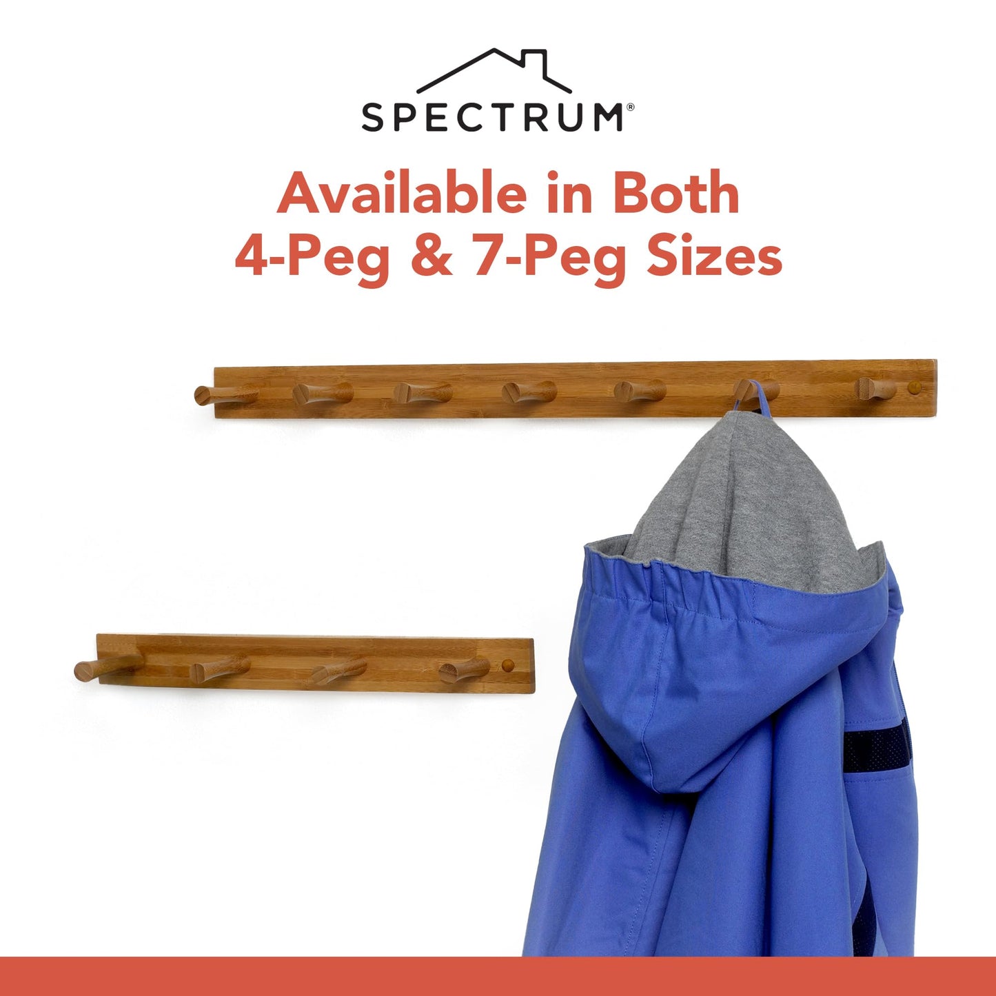 Spectrum Coat Rack Wall Mount 4 Peg Wooden Pegs Organizer for Hanging Coats Hats Bags Towels Jackets Purses, Easy Install Wall Mounted Peg Rack Hanger for Closet Entryway Bedroom Storage, Greige