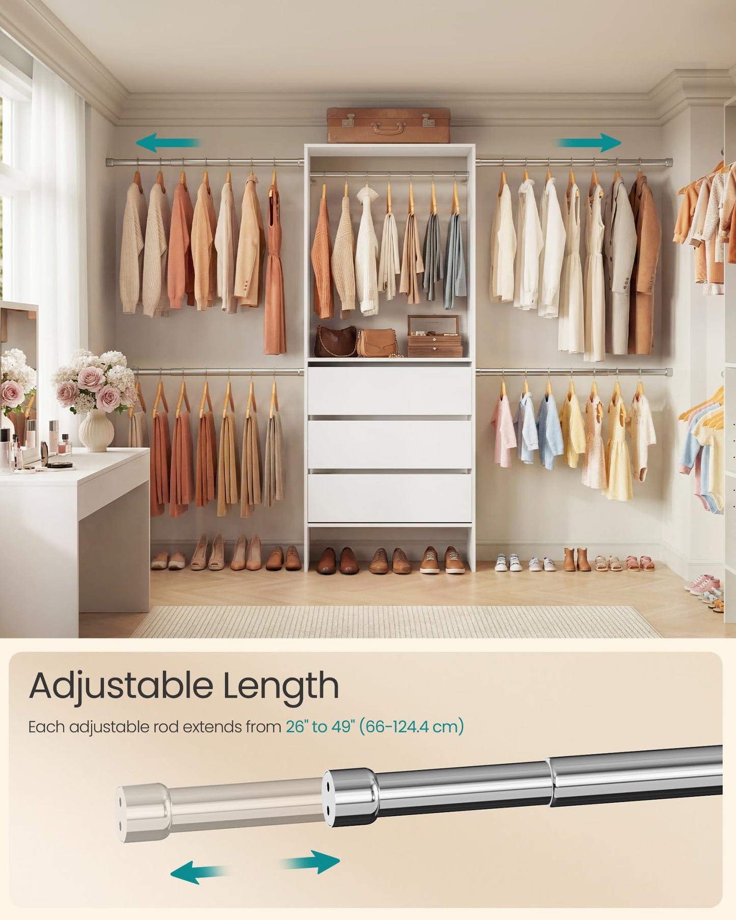 SONGMICS CUSTOS Collection - Closet System, Customizable Walk-In Closet Organizer System with Adjustable Hanging Rods and Drawers, White, Fits Spaces 6.5-10.2 ft URGR043WZ01S