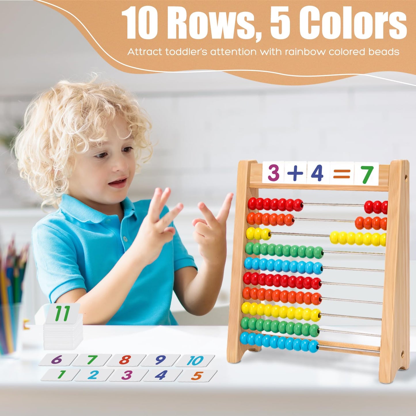 Ranqibo Wooden Abacus for Kids Math - 10-Row Counting Toy with 100 Beads, Number Cards & Counting Sticks, Educational Counters for Kids Math Gift for Age 3 4 5 6 7 Year Old Boy Girl