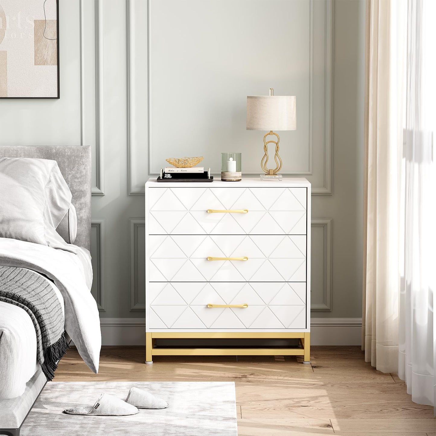 GarveeHome Wooden Dresser for Bedroom, Dressers & Chest of Drawers with 3 Drawer, Wood nightstand for Storage and Organization (White)
