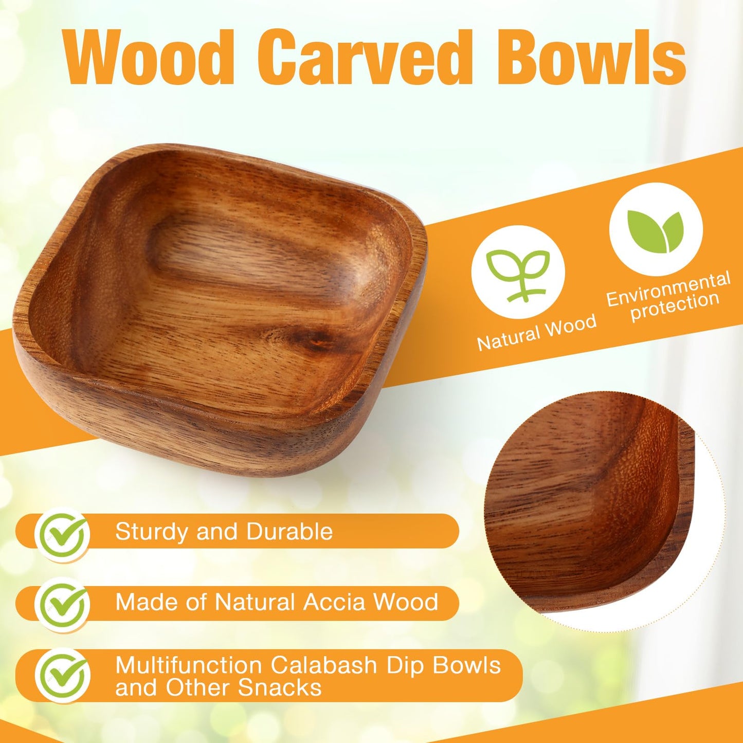 FillTouch 6 Pcs Natural Acacia Wooden Bowl Small Square Wood Serving Bowl 4 x 4 x 1.6 Inch Handmade Calabash Dessert Mini Wooden Container for Kitchen Appetizers Candy Fruits Dips Sauce Seeds Snack