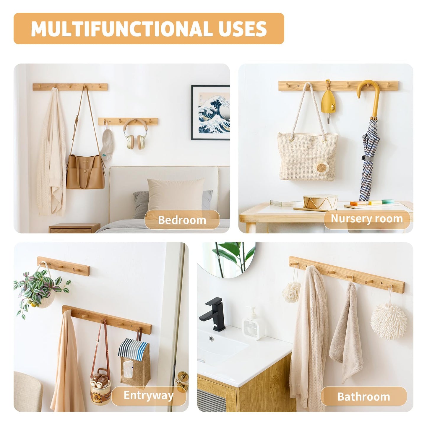 Wall Mounted Coat Rack 24 inches, Hickory Wood Wall Coat Hooks with 6 Hooks, Wooden Coat Hanger for Hanging Clothes Robes Towels Hats, Natural