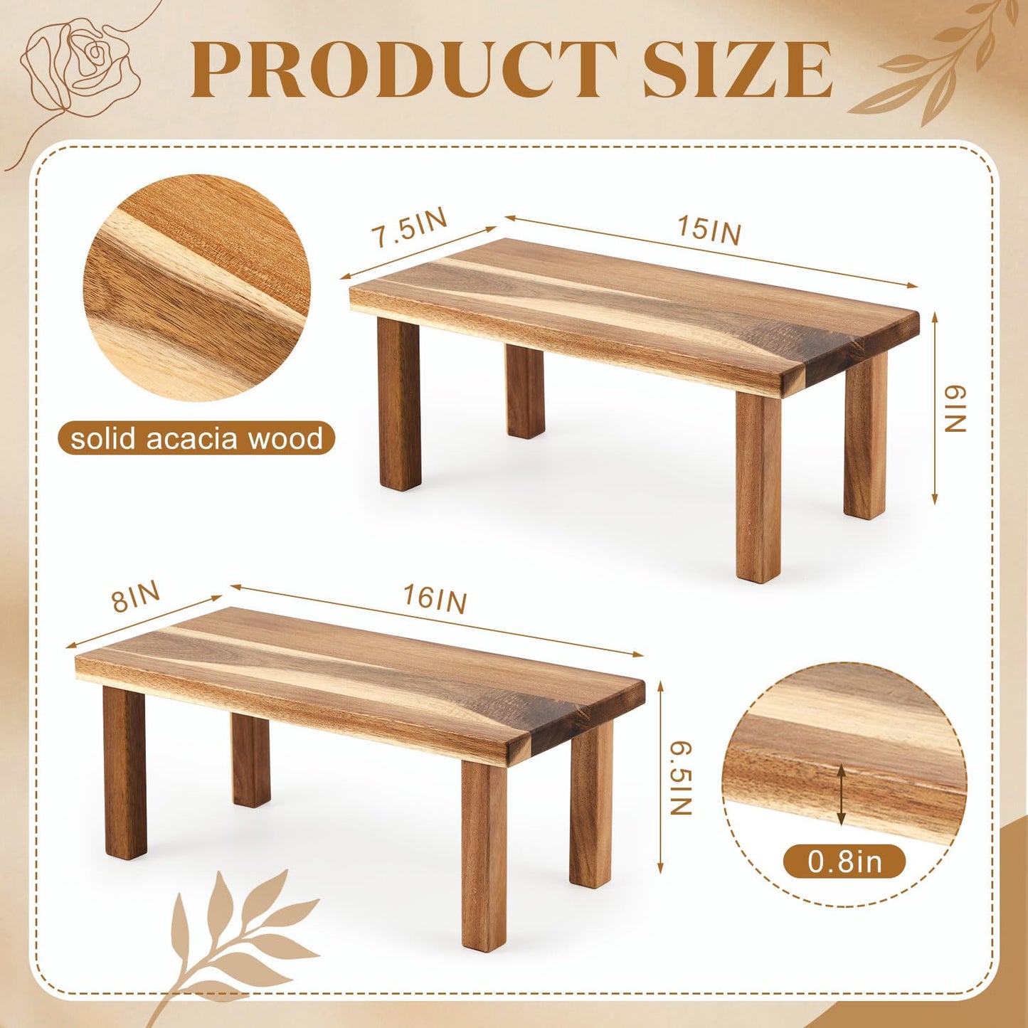 RattanView 2 Pcs Extra Large 16 Inches 15 Inches Acacia Wooden Riser Wooden Countertop Organizer Display Shelf for Top of Desk Home Office Bathroom Coffee Table Display Stand
