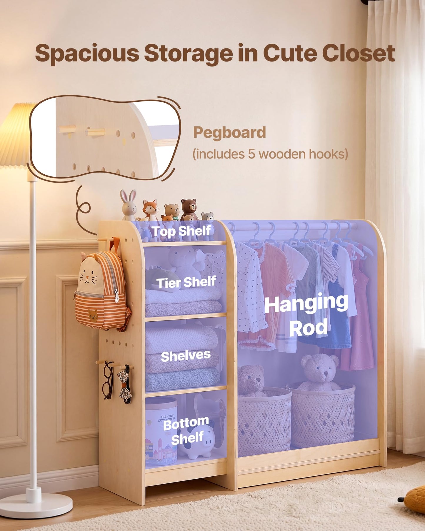 VEVOR Kids Dress Up Storage, with Mirror, Wooden Kids Dress Up Rack, Toddler Wardrobe Closet for Little Girls, Storage Armoire, Costume Organizer, Children Playroom Furniture, for Bedroom, Natural