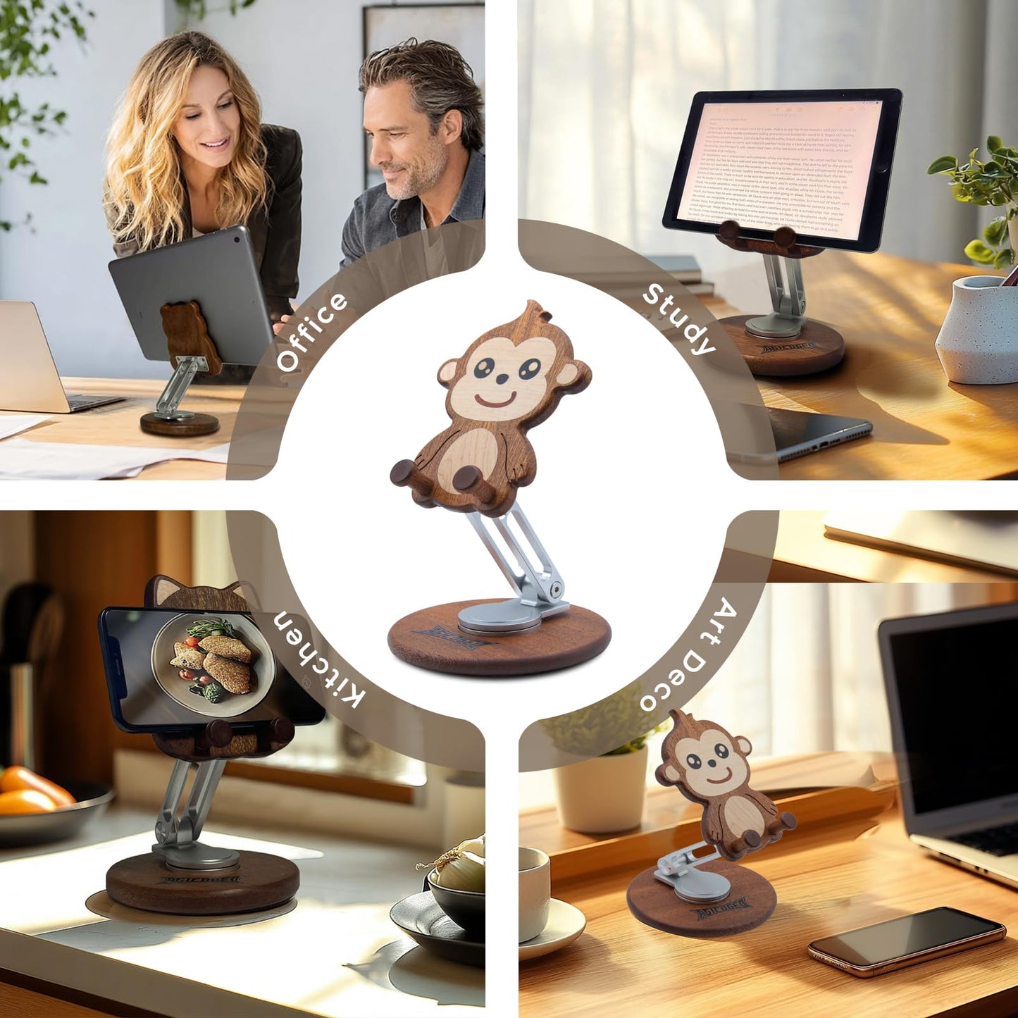 Agicogeo Cartoon Phone Stand with 360° Rotation, Adjustable Cute Desk Organizer for Home Office, Warm Decor Accessories, Wooden Tablet Holder (Monkey)