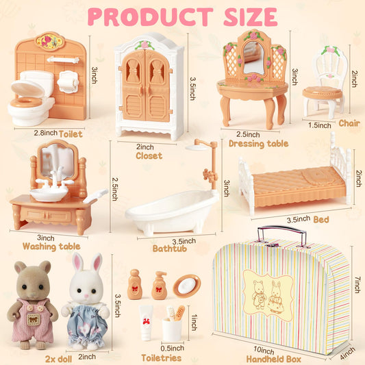 TUZT Suitcase Dollhouse Furniture Set for Kids, Mini Dollhouse Box with 2 Flexible Dolls and Bedroom&Bathroom Furnitures, Pretend Play Accessories Christmas Birthday Gift for Toddlers Ages 3+