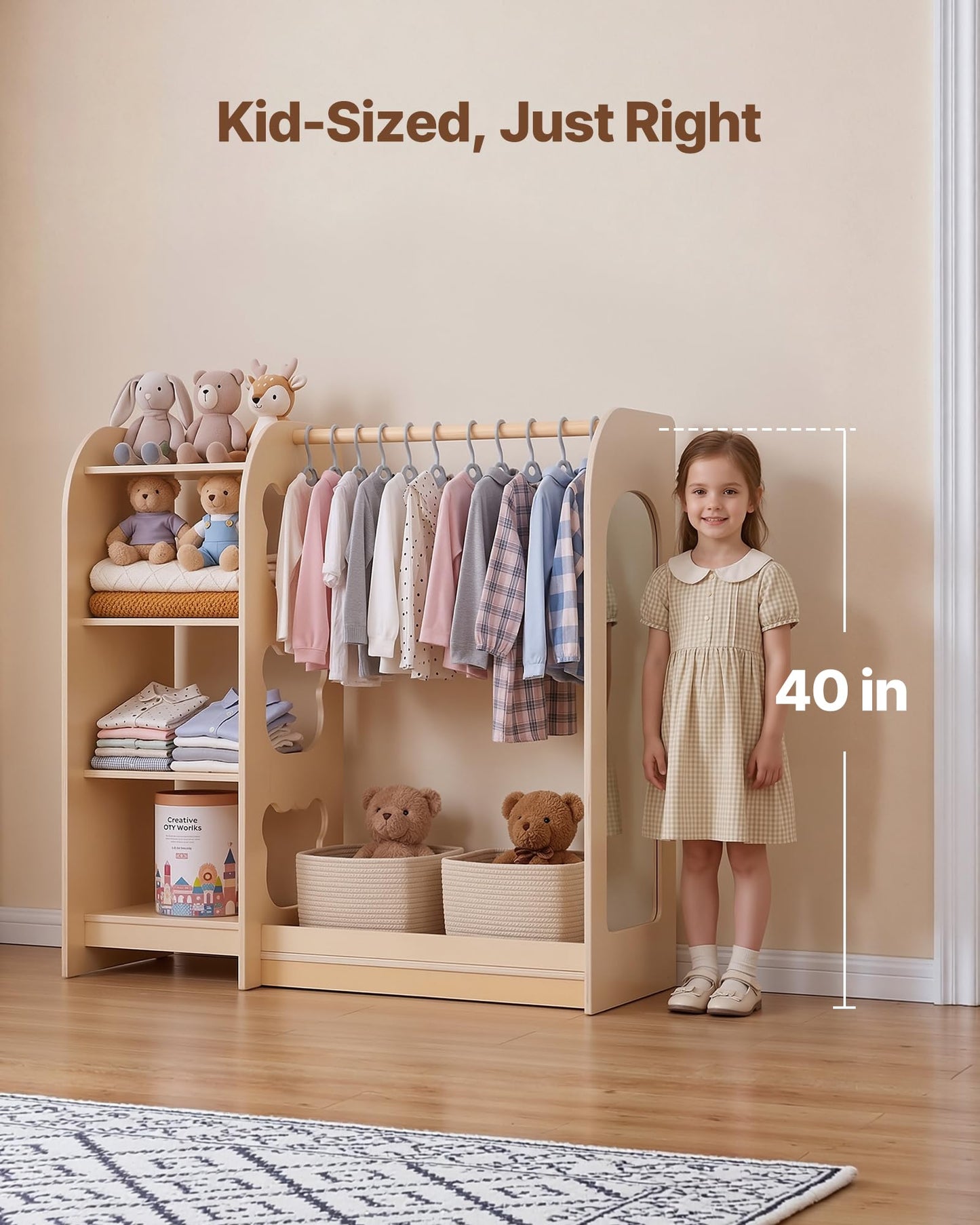 VEVOR Kids Dress Up Storage, with Mirror, Wooden Kids Dress Up Rack, Toddler Wardrobe Closet for Little Girls, Storage Armoire, Costume Organizer, Children Playroom Furniture, for Bedroom, Natural