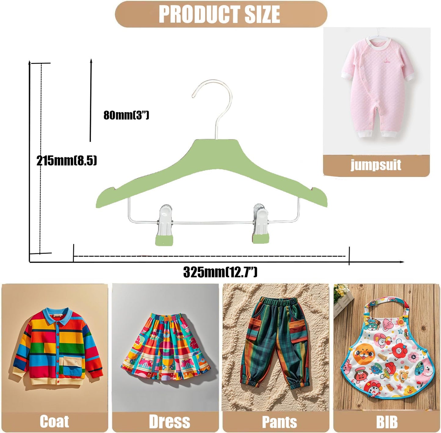 HELEE Green 12.7" Ultra-Thin Wooden Children Closet Clothes Clips Hangers 20PCS Wood Baby Kids Coat Hangers for Infant Toddler Newborn Jumpsuit Pants Skirts Jeans Space Saving Heavy Duty Durable
