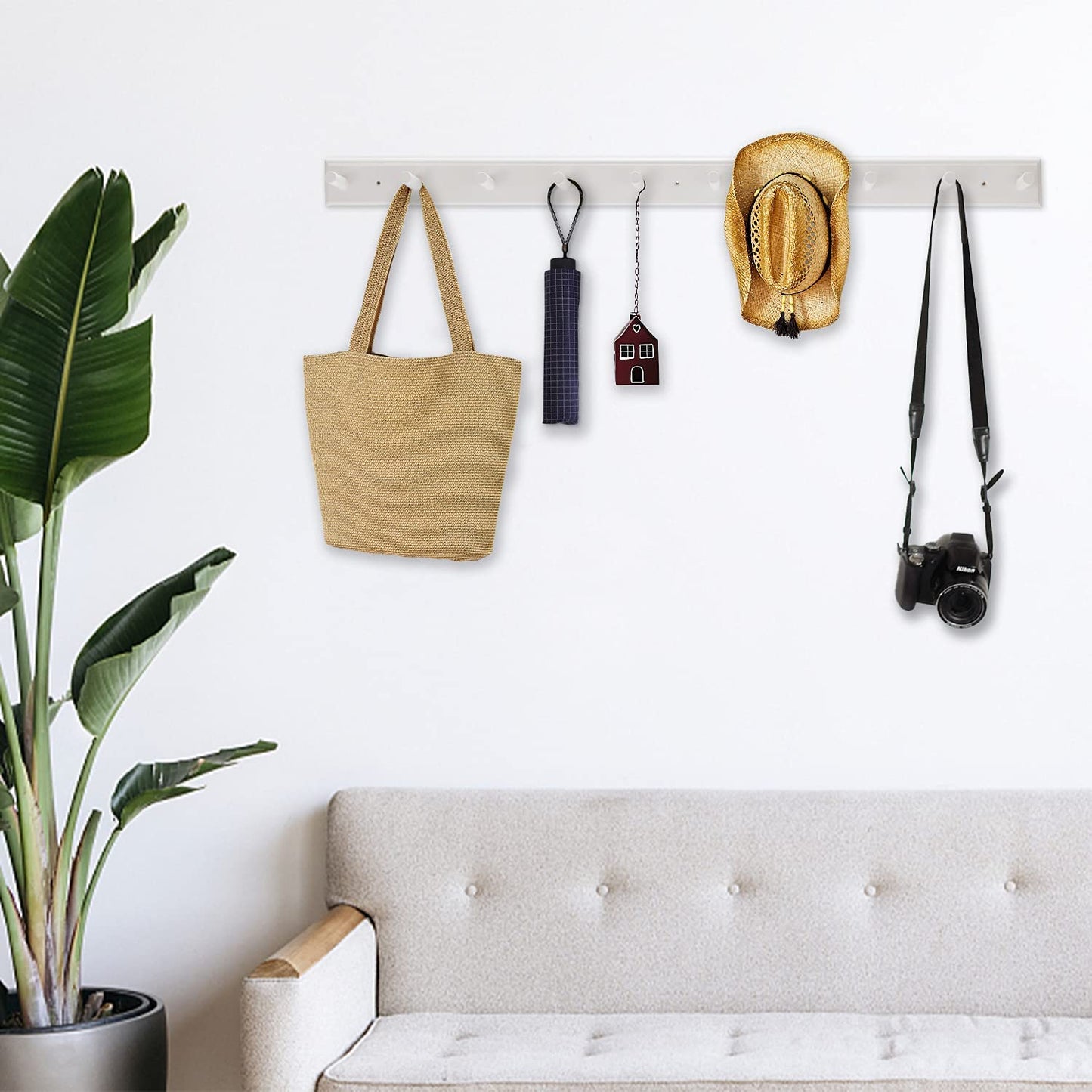 10 Hook Coat Rack Wall Mounted, Long 38 Inches Wooden Wall Coat Hanger with 10 Pegs, 16'' Hole to Hole Wall Coat Hooks for Hanging Towels, Hats, Backpacks, Clothing, Caps (White