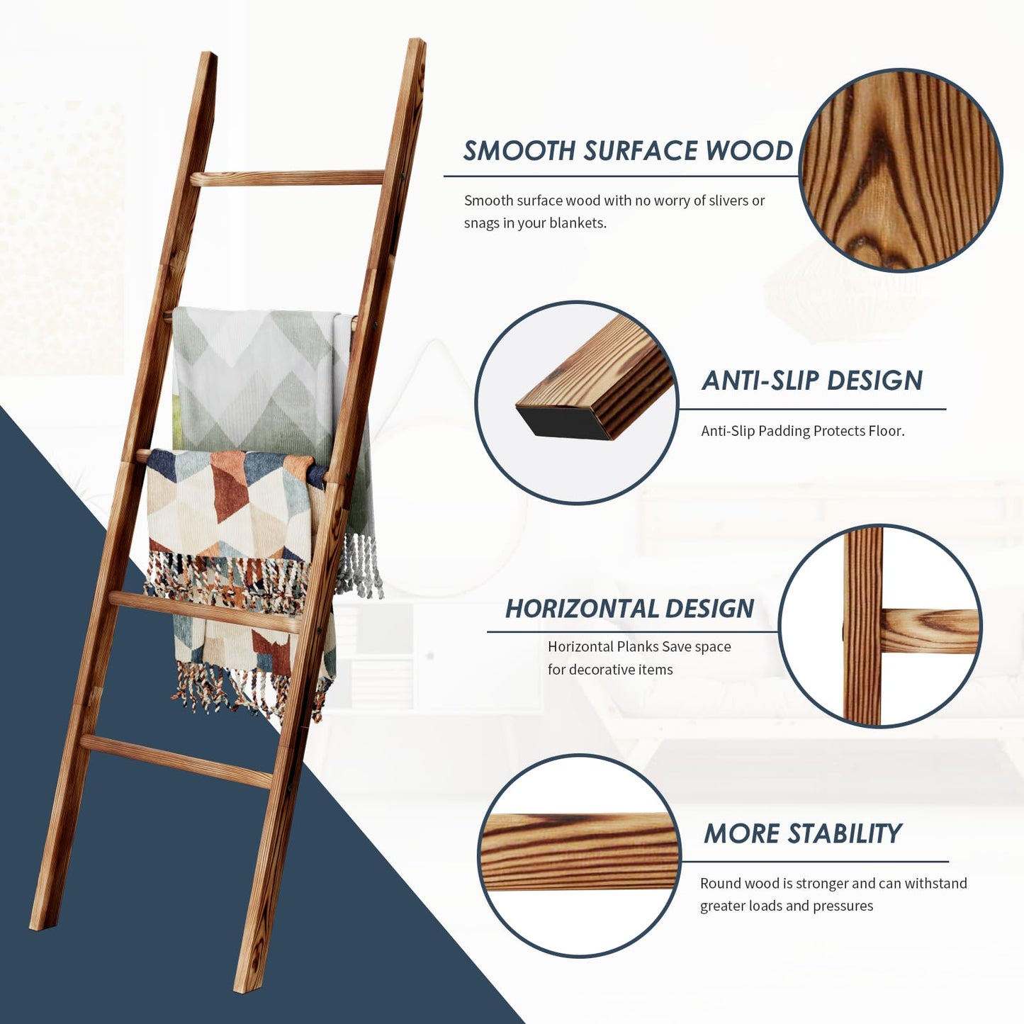 5-Tier Blanket Ladder Wooden, 5.3FT(63'') Blanket Quilt Holder Rack Decorative Ladders, Easy Assembly, Rustic Farmhouse Ladder Shelf for The Living Room Bedroom Bathroom Home Decor, Brown