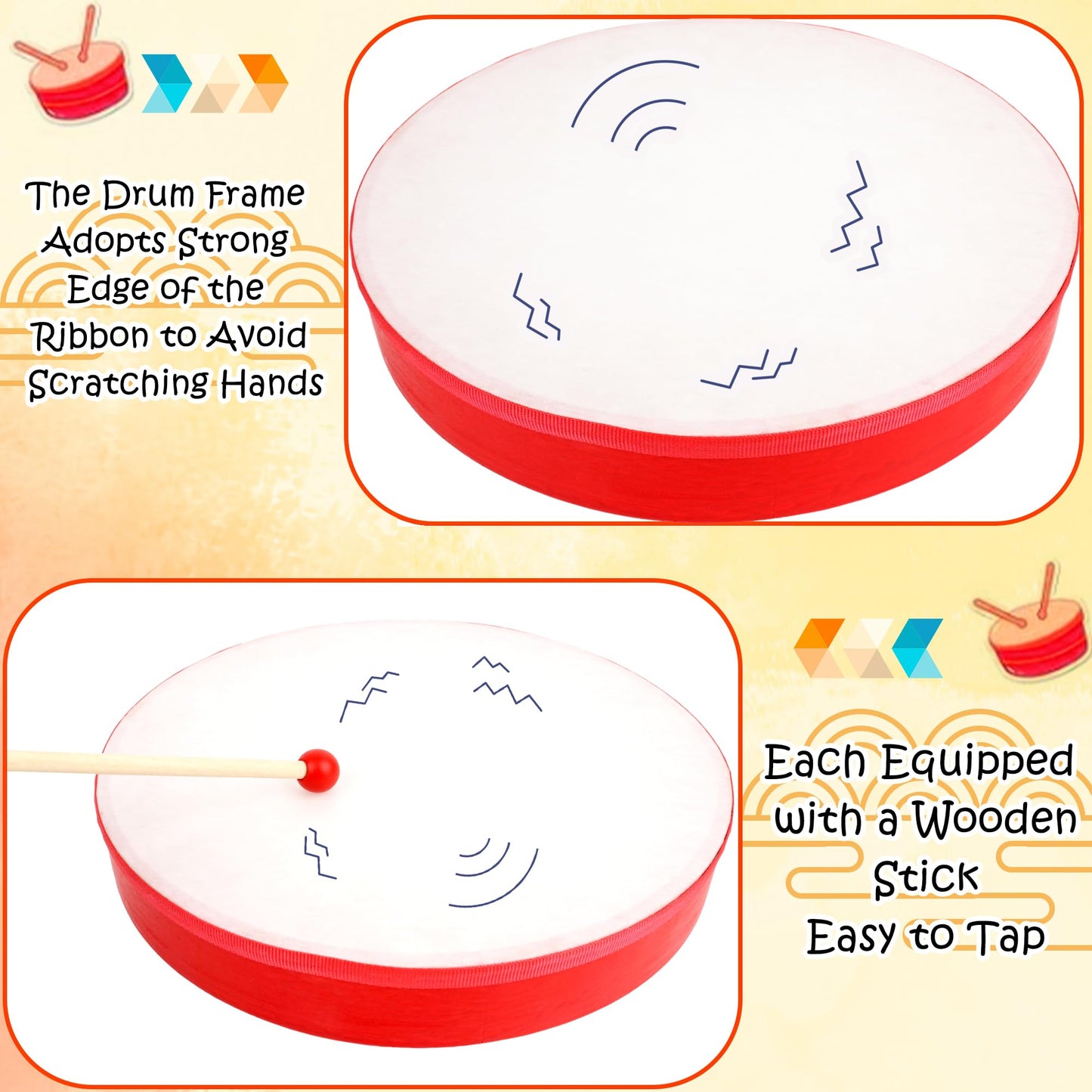 7 Pack Hand Drums Set 12 10 8 7 6 5 4 Inch Wood Frame Drum with Drumsticks Percussion Instruments for Kids Adults School Church Party Gifts