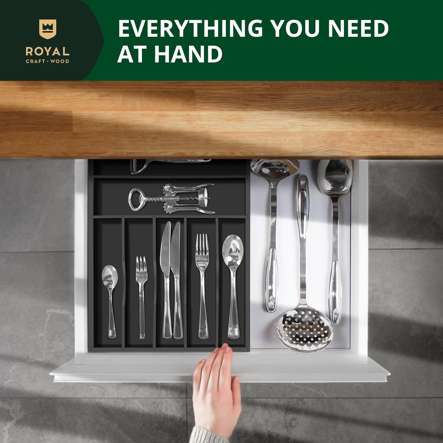 Luxury Bamboo Kitchen Drawer Organizer - Silverware Organizer - Utensil Holder and Cutlery Tray with Grooved Drawer Dividers for Flatware and Kitchen Utensils (7 Slot, Black)