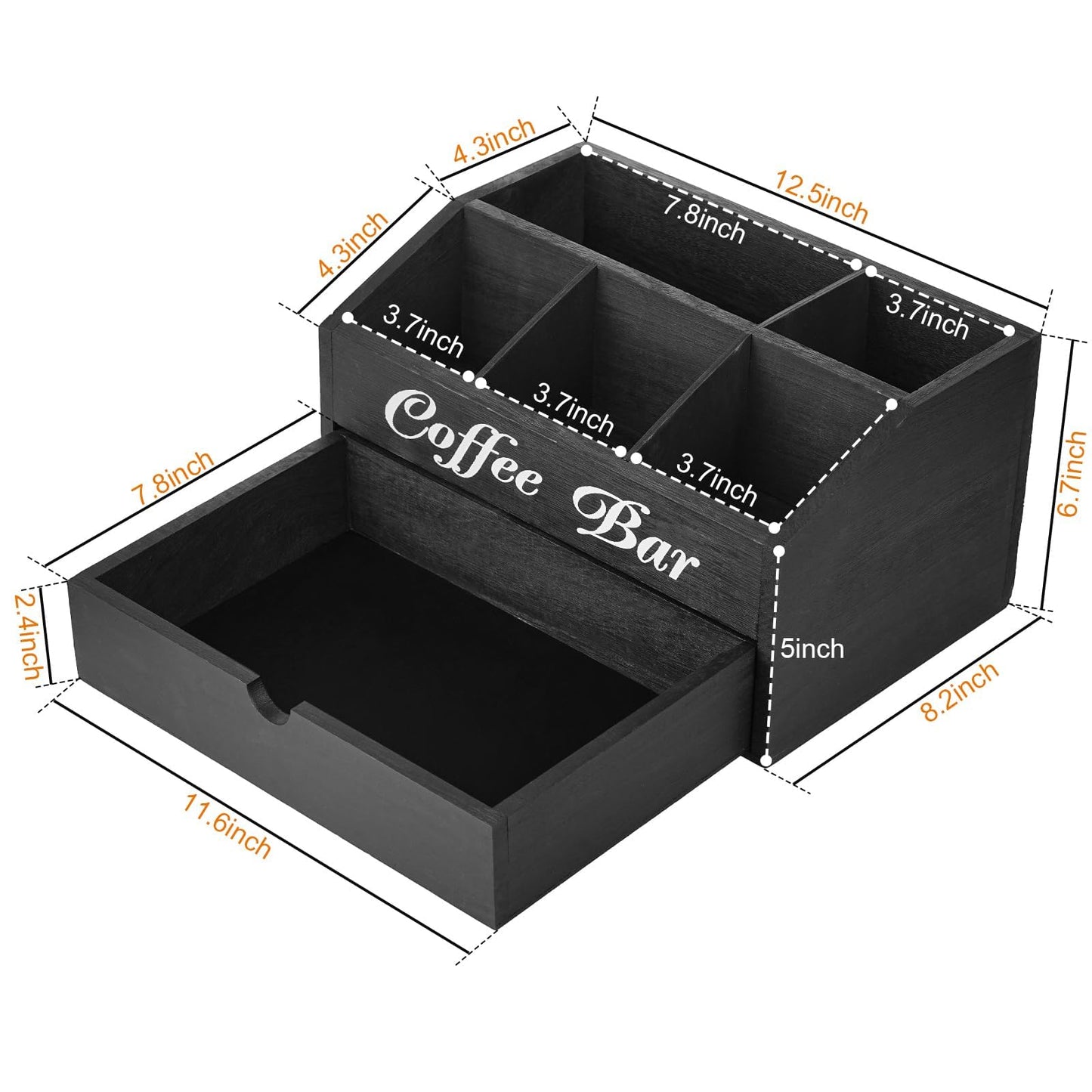 SHAXIXI Coffee Station Organizer - Double Layer with Drawers, Country Style Coffee Bar Organizer, Farmhouse Coffee Capsule Storage Basket, Natural Solid Wood Material(Black Double Layer)