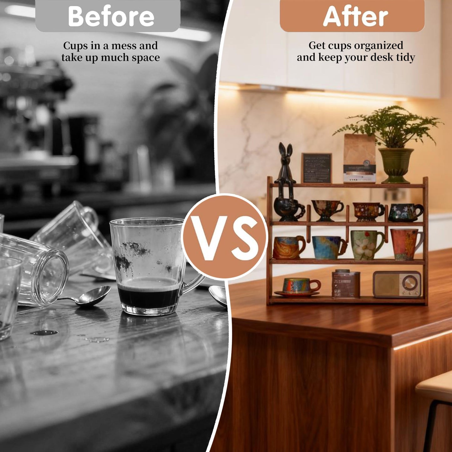 KAOTGOT Coffee Cup Holder for Countertop Walnut Wood Coffee Mugs Holder for Kitchen Mug Display Rack (4-Tier Walnut wood A)