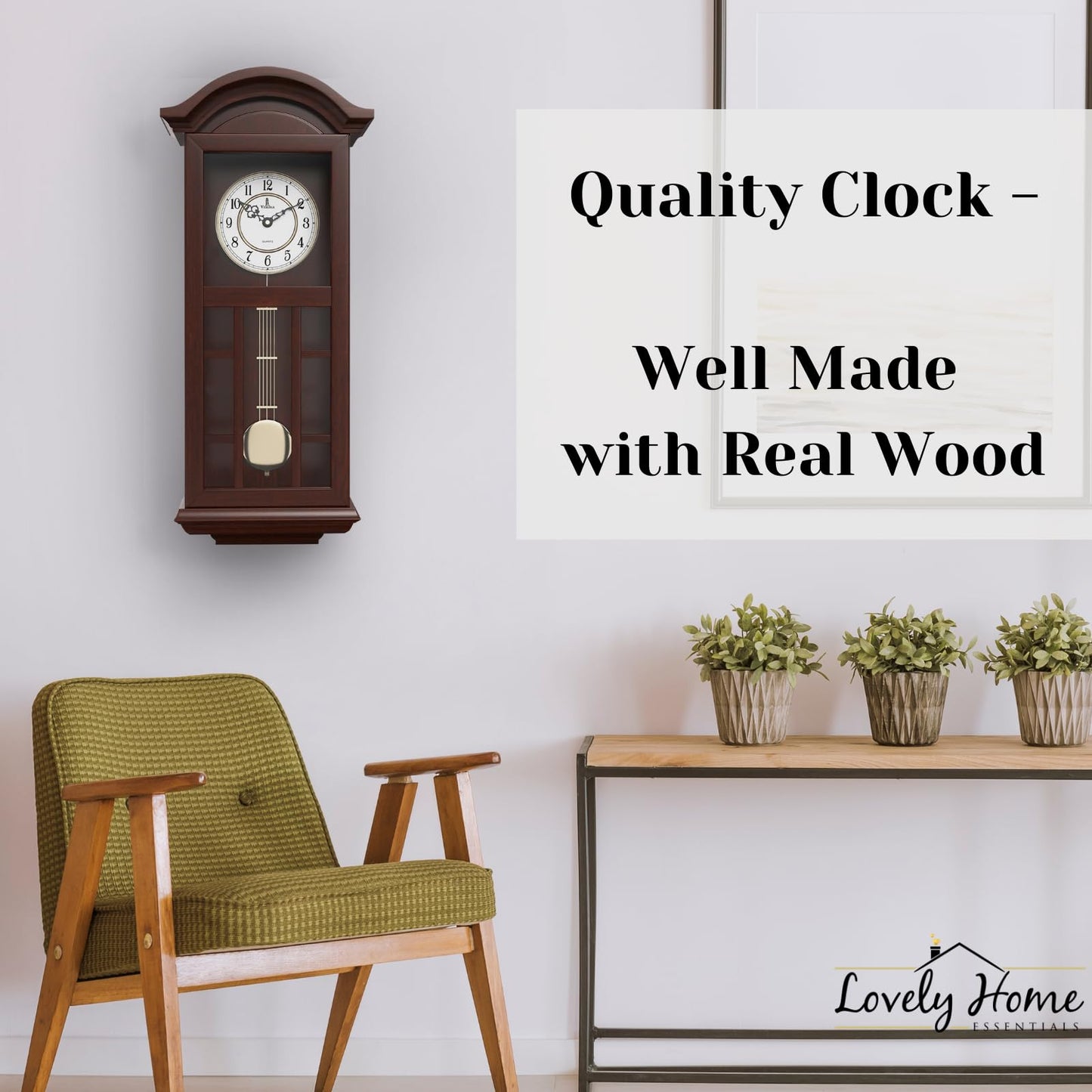 Pendulum Wall Clock - 27 inch Wooden Hanging Grandfather Wall Clock with Pendulum - Real Wood, Quiet, Non-Chiming & Battery Operated for Living Room Decor, Office & Home Décor Gift