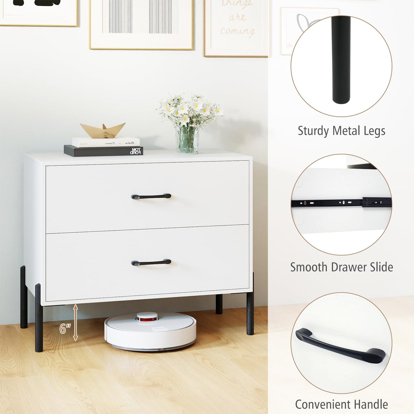 Giantex 2-Drawer Dresser, Modern Wooden Nightstand with Metal Legs & Handles, Anti-Tipping Kits, Compact Side Table, Small Dresser Chest of 2 Drawers for Closet, Bedroom, Sofa Side, Dorm (1)