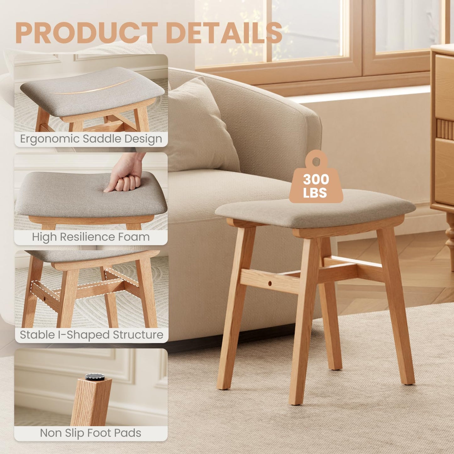 DONGMUWUJEE Solid Wood Small Vanity Stool Chair, Makeup Stools for Vanity Desk, Bathroom Vanity Chair, Padded Foot Stool for Living Room, Ottoman Foot Rest for Couch, Small Bench for Entryway, Natural