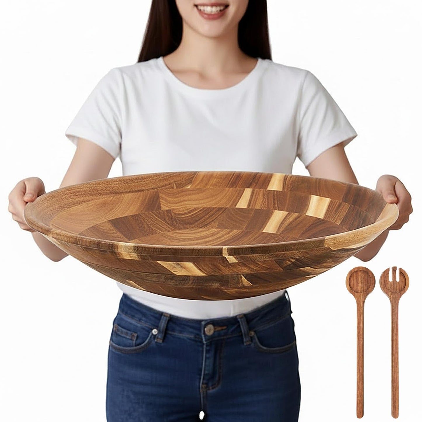 Geiserailie Extra Large 18 Inch Acacia Wood Salad Bowl Set Wooden Serving Bowl with Serving Utensils for Fruits, Pasta, Salad Farmhouse Kitchen for Housewarming Wedding Restaurants Table Display Gift