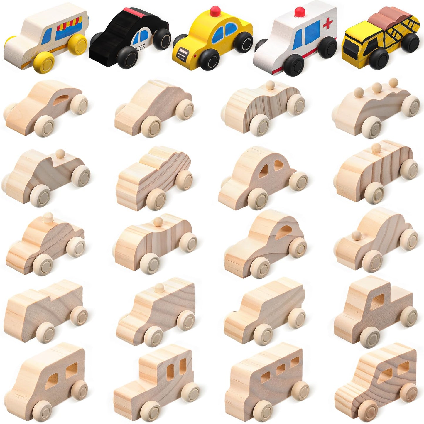 Leyndo 20 Pcs Unfinished Wooden Cars, Wood DIY Arts and Crafts Kit for Students Easy Woodworking Set Family Activities Trucks Race Cars Painting Projects