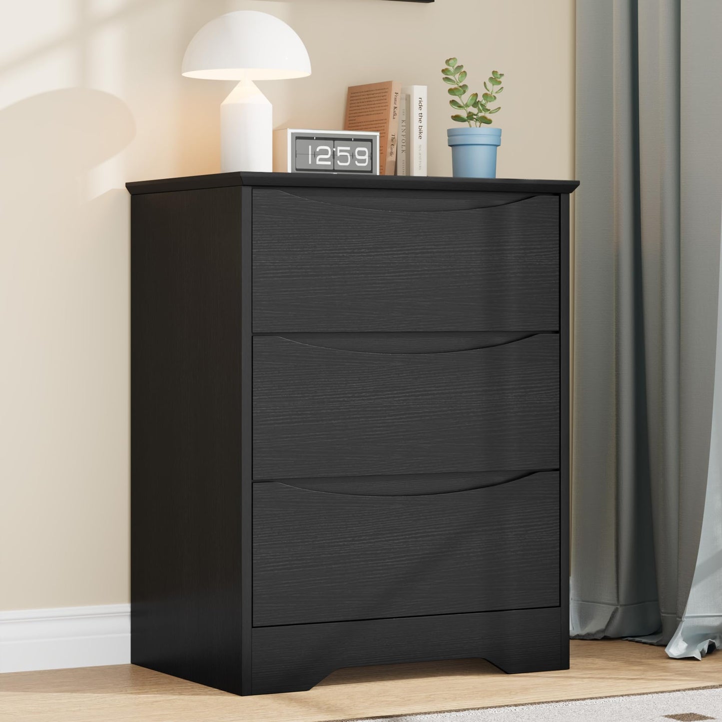 GarveeHome Wooden Dresser with 3 Drawers, Tall Modern Closet with Deep Storage, Large Chest of Drawers with Wide Top, Long Storage Dresser for Bedroom, Living Room, Hallway, Kids Room, Black