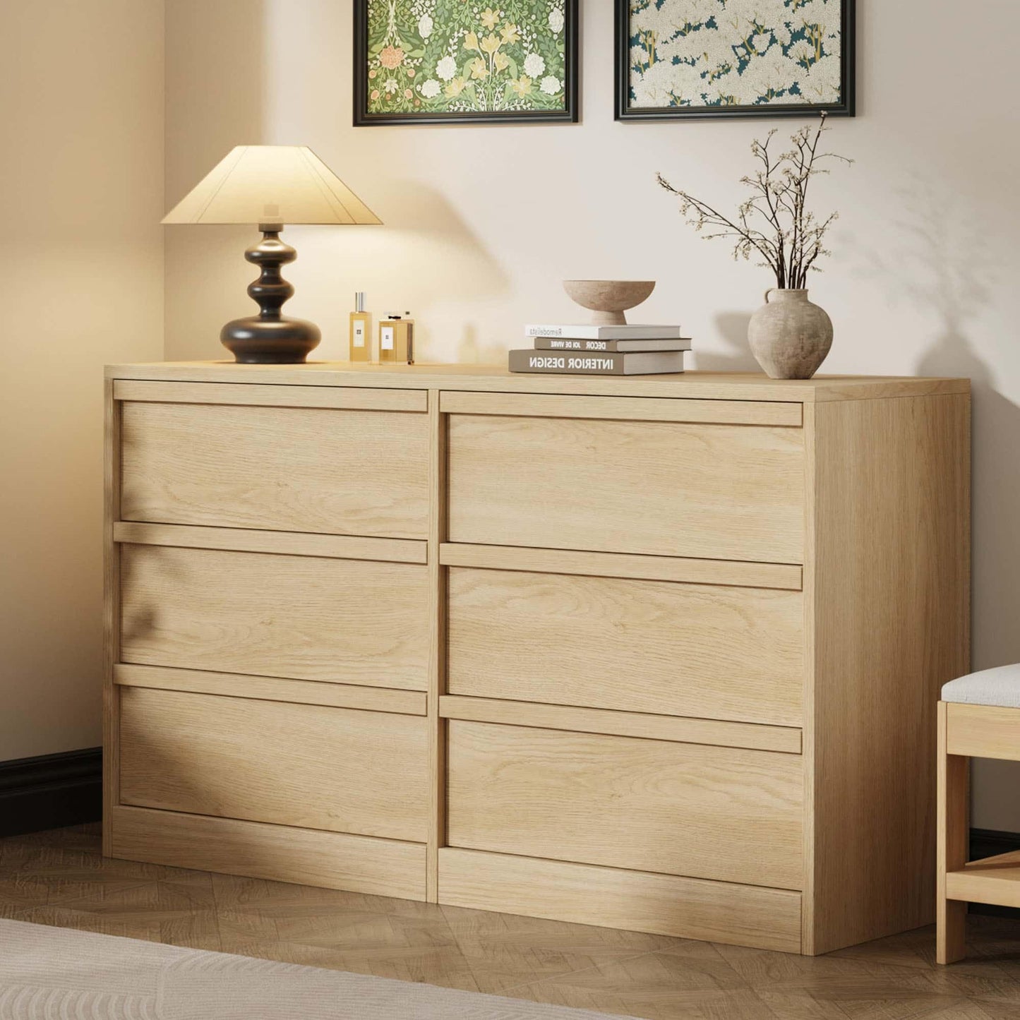 Garvee 6 Dresser for Bedroom, 46.7" Wide Dresser, Freestanding Horizontal Drawer with Storage, Wooden Closet Chest Storage for Living Room, Hallway, Entryway, Natural Oak