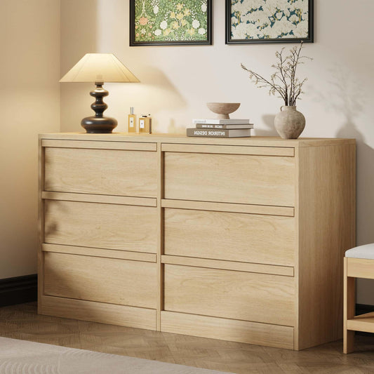 Garvee 6 Dresser for Bedroom, 46.7" Wide Dresser, Freestanding Horizontal Drawer with Storage, Wooden Closet Chest Storage for Living Room, Hallway, Entryway, Natural Oak