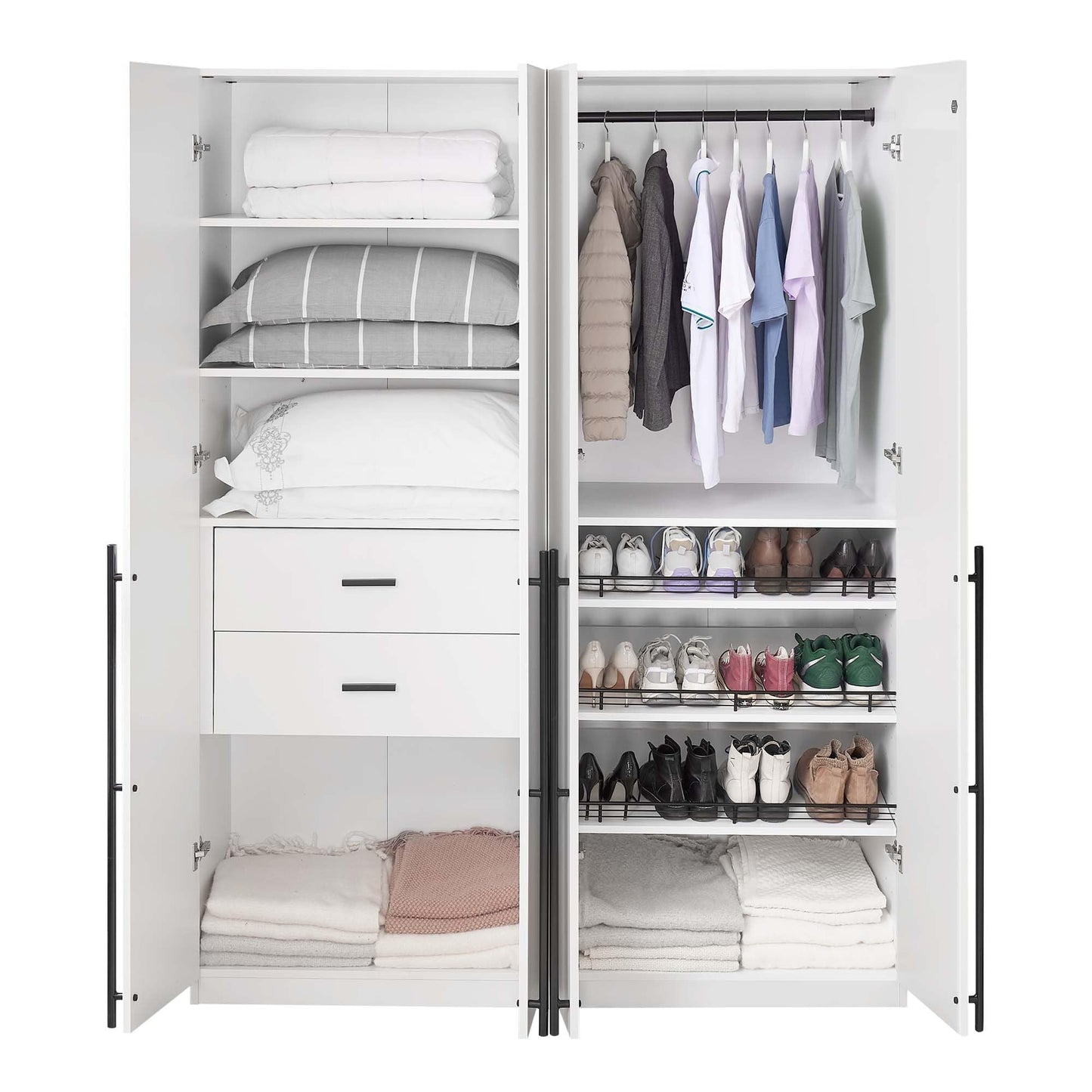 Manhattan Comfort Lee Freestanding Closet | Space-Saving Storage Cabinet with 4 Shelves, 1 Hanging Rod, 2 Drawers, 3 Shoe Shelves & 1 Large Storage Area | No Tool Assembly, 2 Piece Set, White