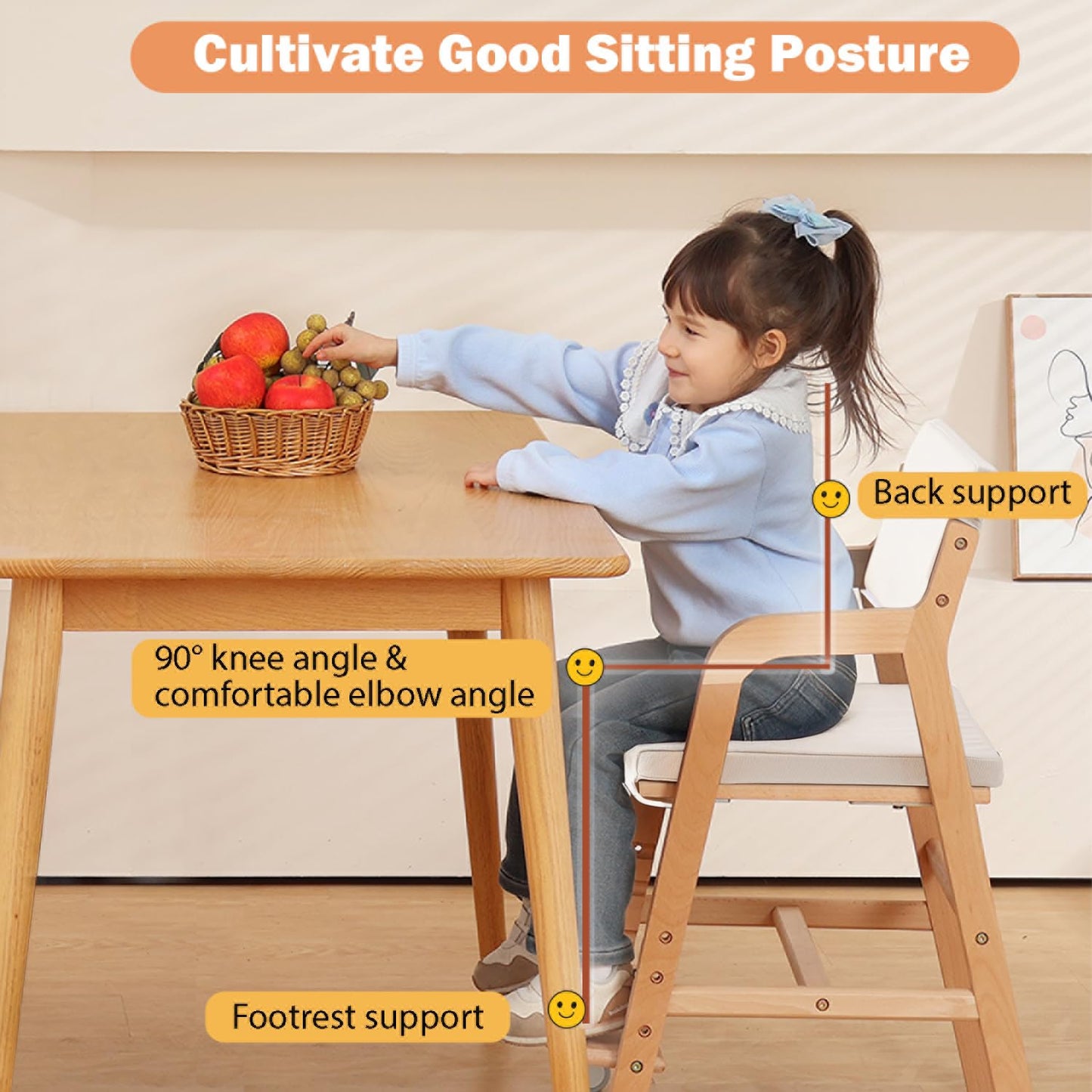 Swegrow Wooden High Chair with 2 Wheels, Adjustable Seat - Backrest - Footrest Heights, Wooden High Chair for Toddlers - Kids and Baby, Kids Dining Chair with Removable Cushion(Beige)