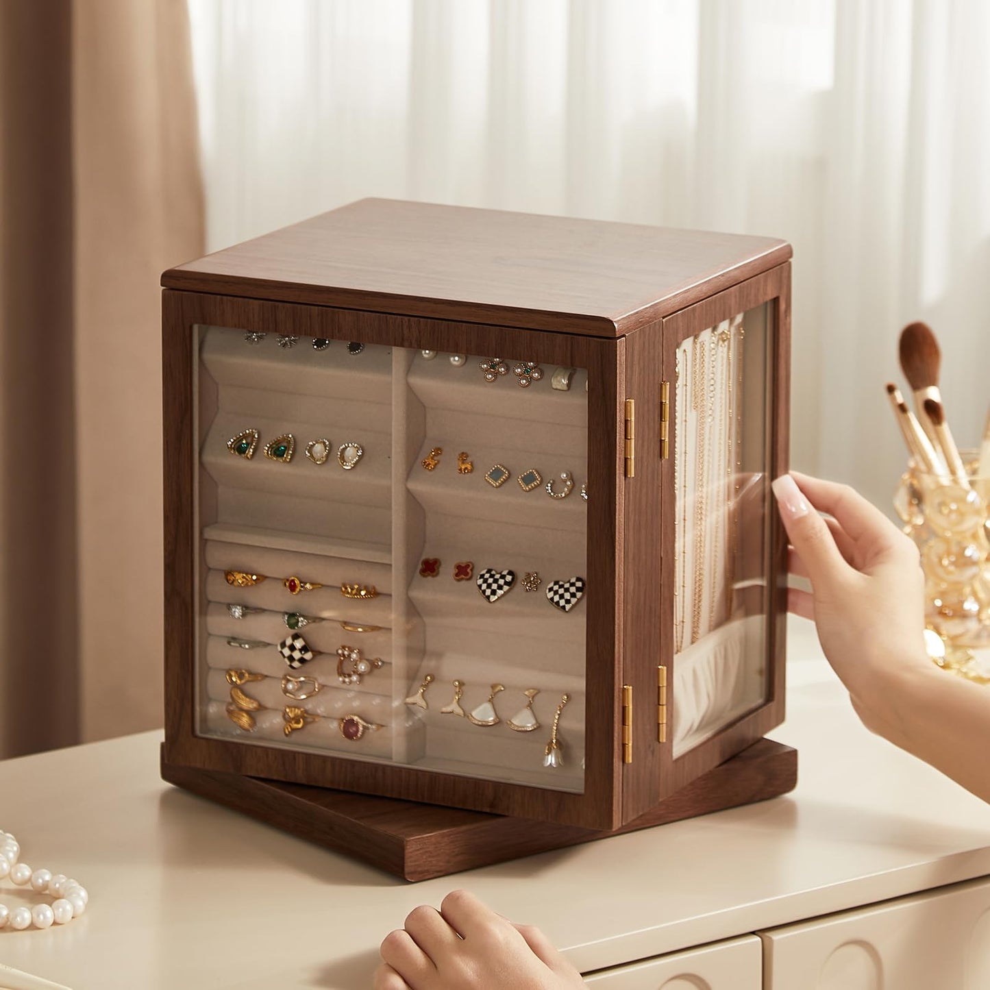 CHOSIN Black Walnut Wooden Jewelry Box, 360° Rotating Organizer with Glass Lid, 5 Drawers for Earrings, Rings, Necklaces – Vertical Jewelry Storage for Women, Ideal Gift for Her, Fathers Day Gift