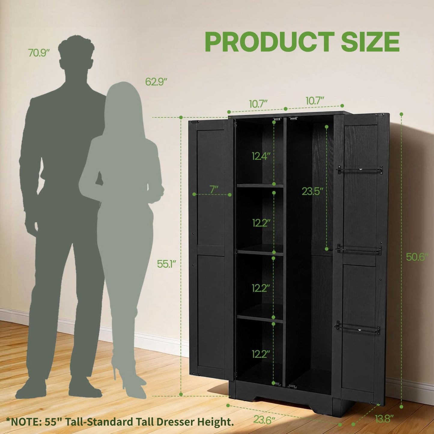 NORTHSKY 55" Wooden Broom Closet, Tall Storage Cabinet for Vacuum Cleaner&Mops, Compatible with Dyson, Utility Cabinet w/4 Shelves&Hanging Rod, Freestanding Organizer for Laundry,Garage,Home,Office