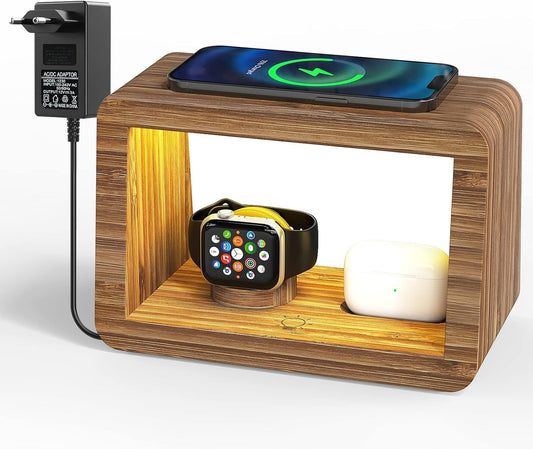 Bamboo Charging Station for Multiple Devices,15W Fast Wireless Charging Station with Nightlight, 3 Color & 4 Adjustable Brightness Compatible with Phone/Watch/AirPods