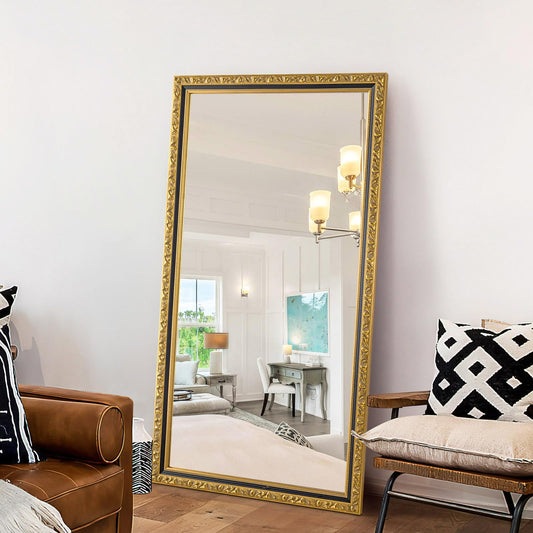 Autdot Large Vintage Decorative Mirror for Wall, 52'' x 28'' Gold Antiuqe Living Room Mirror with Black Gold Frame, Traditional Vintage Gold Wooden Mirrors, Horizontal/Vertical