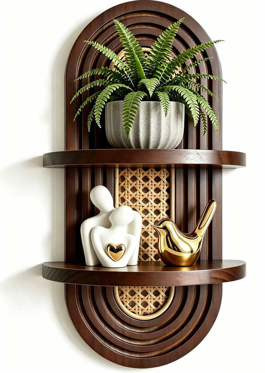 Homtik 2-Tier Woven Rattan Floating Shelves, Mid-Century Modern Boho Vintage Wooden Wall Decor Plant Shelf for Living Room, Bedroom, Bathroom, Home Office, Ideal for Small Planters & Accents (Walnut)