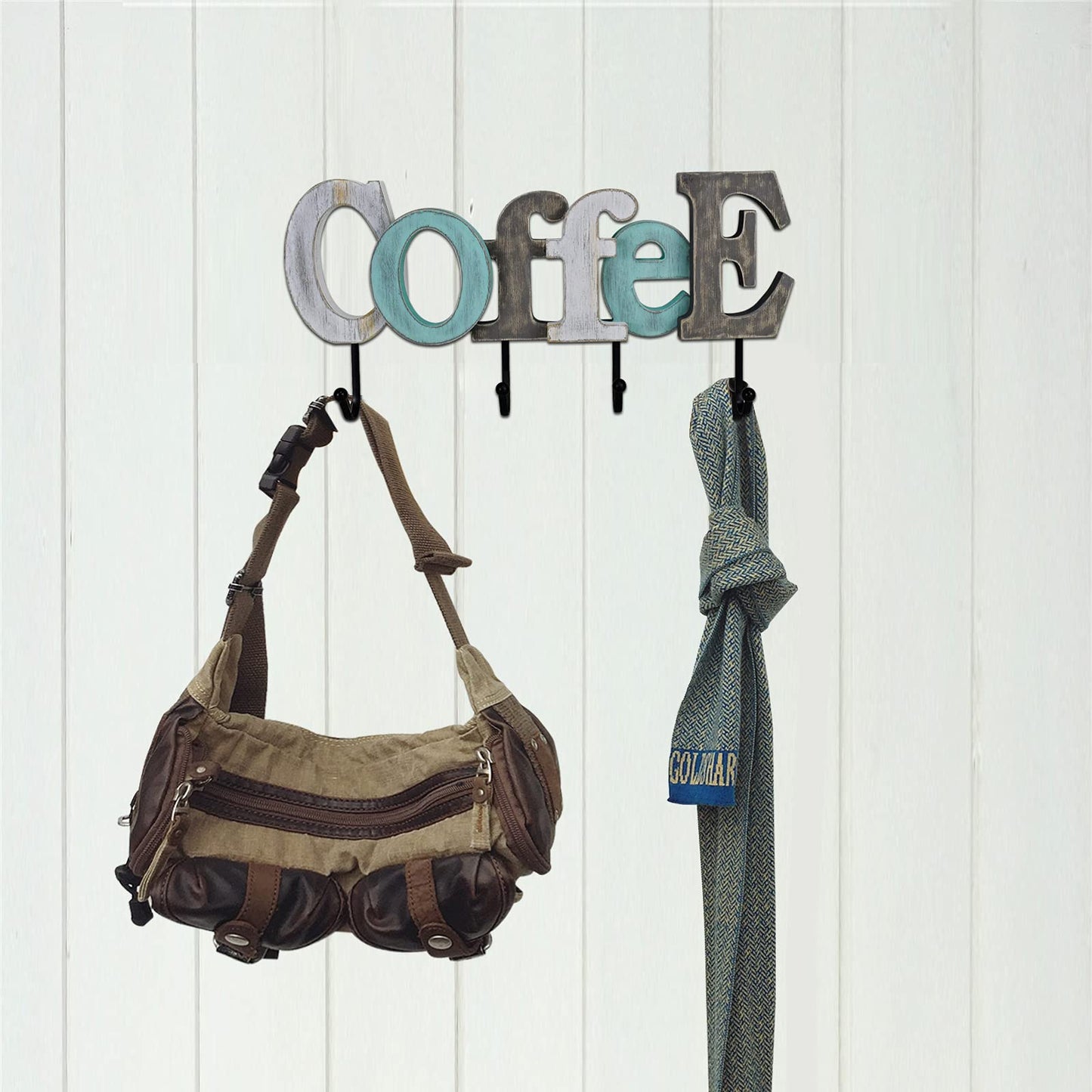 Linfevisi Wooden Coffee Sign Aqua Hanging Block Letters Sign Rustic Wood Word Decor Coffee Wall Sign Cutout Word Art Wall Decor Decorative Key Holder Hanger with 4 Hooks (coffee)
