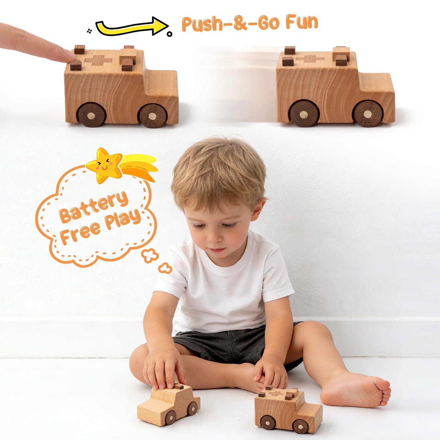 kienvy Wooden Toy Cars for 3 Year Old Boys & Girls - Construction Vehicles Set Push Toys for Toddlers, Wood Montessori Car with Rolling Wheels, Natural Wood Toys (Ambulance & Police Car)