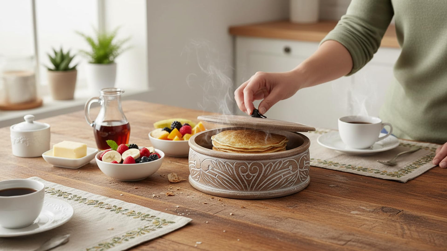 Handcrafted Wooden Mexican Tortilla Warmer Basket Indian Chapati Roti Bread Holder Box Pancake Keeper Serveware Hot Pot Casserole Dish With Lid Home Kitchen Dining Decor, Natural Brown, 9 x 3.5 Inches